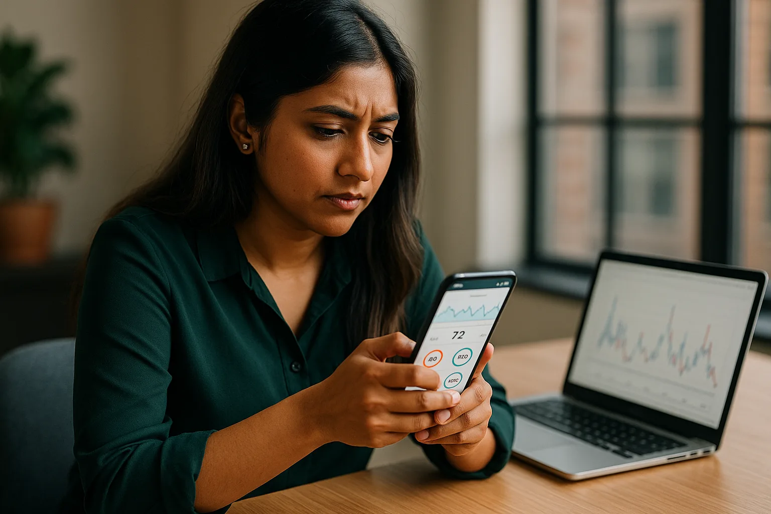 Woman frowning at a phone showing a score of 72, with a laptop of charts on the desk