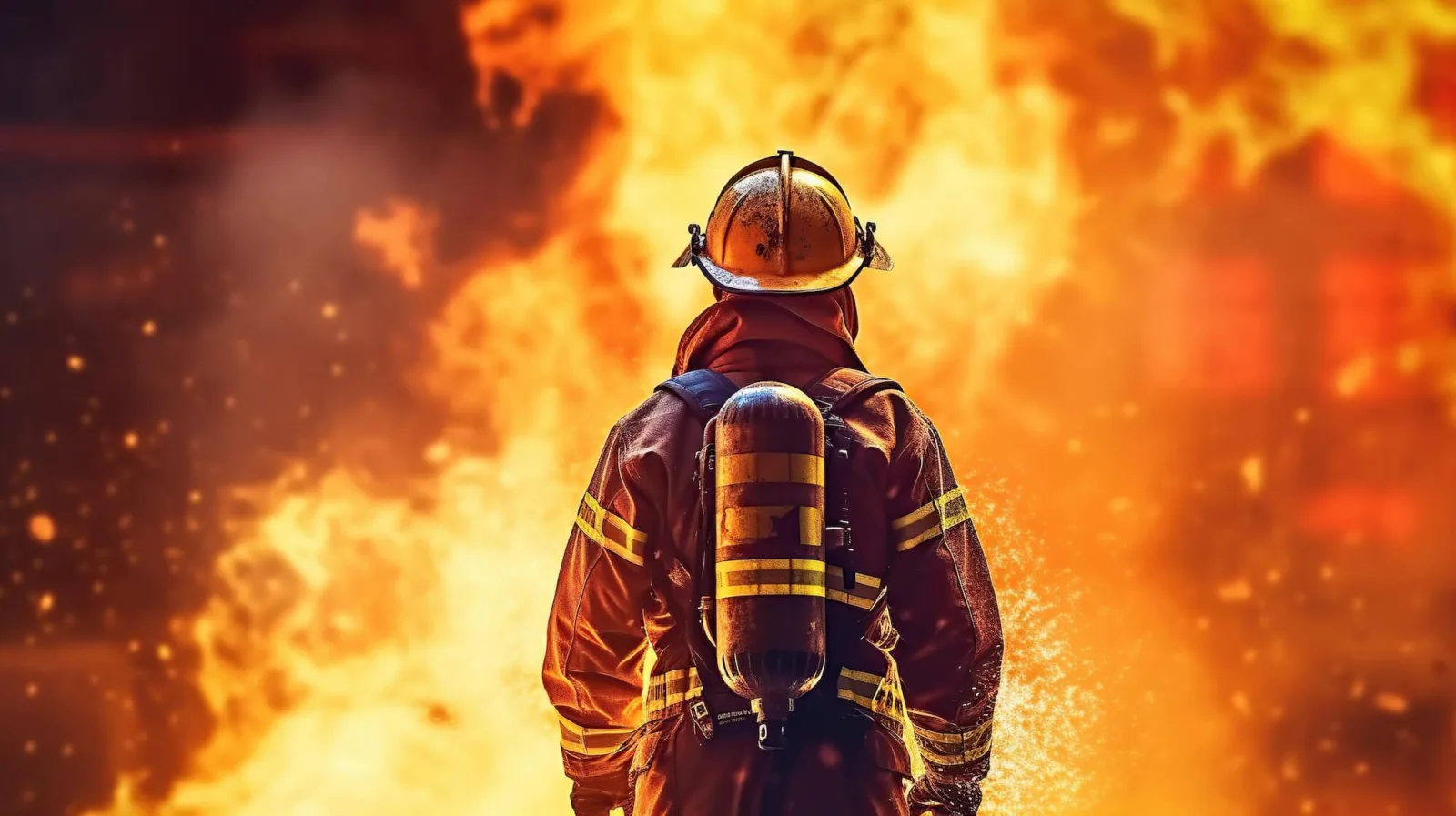 Firefighter in a helmet and breathing apparatus seen from behind, facing a large fire