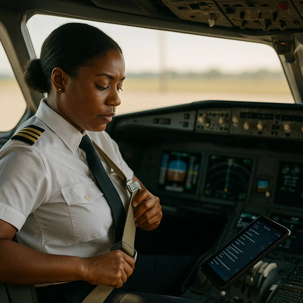 Pilot in a cockpit fastening her seat belt, with a tablet on the console beside her