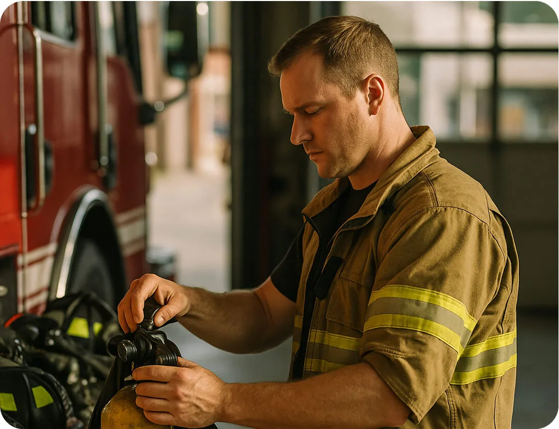 Firefighter in a tan turnout jacket adjusts an air cylinder beside a red fire engine in a station bay