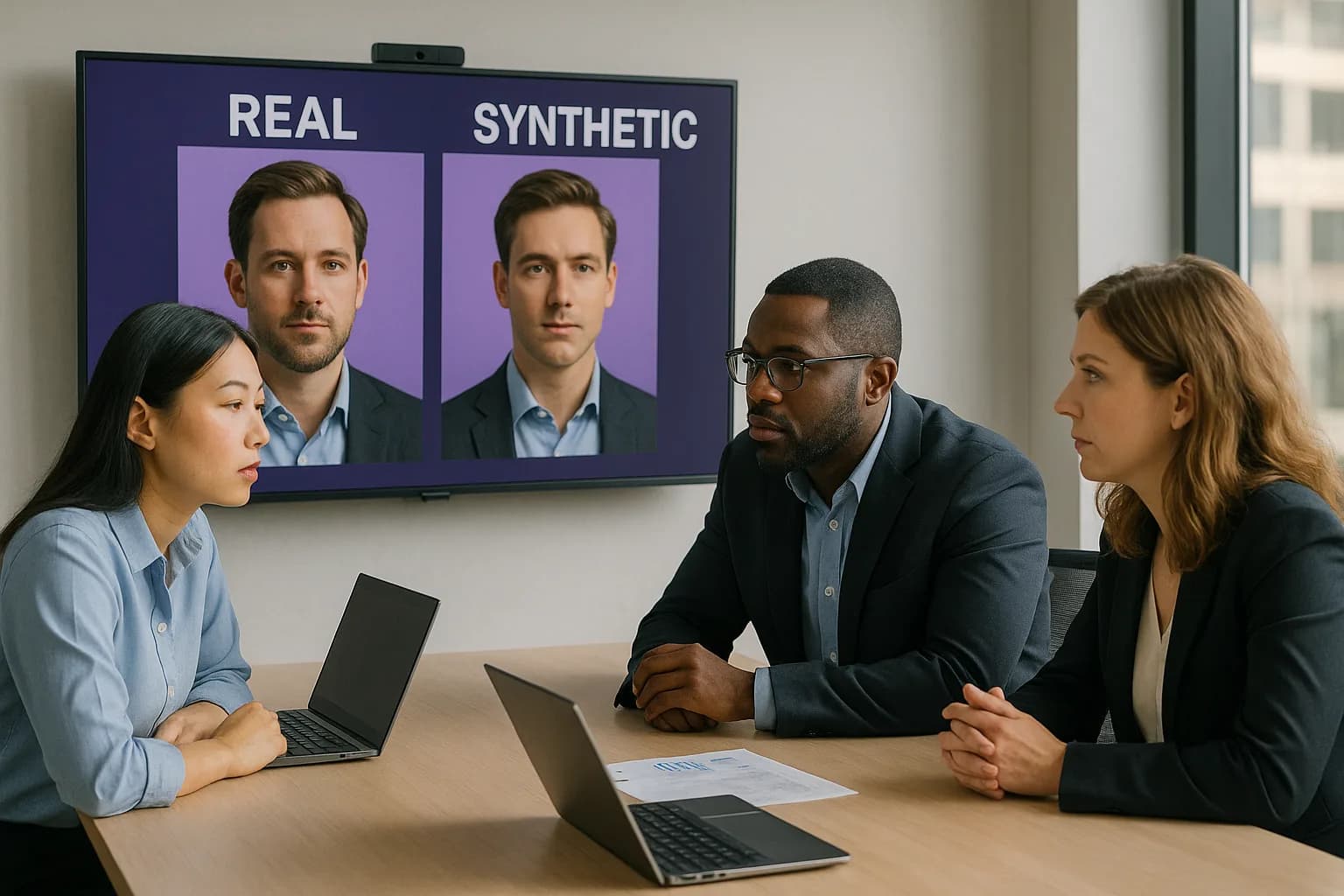 Meeting room with three people facing a screen that shows a real face and a synthetic face side by side