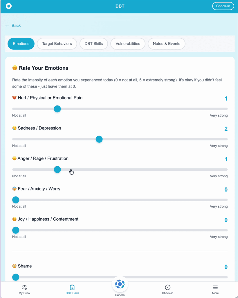 The diary card emotions screen on a phone, sample data