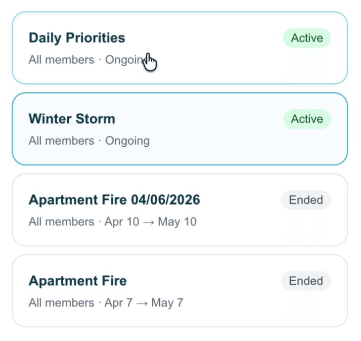A list of past events: Daily Priorities and Winter Storm are active, and two apartment fires have ended, sample data