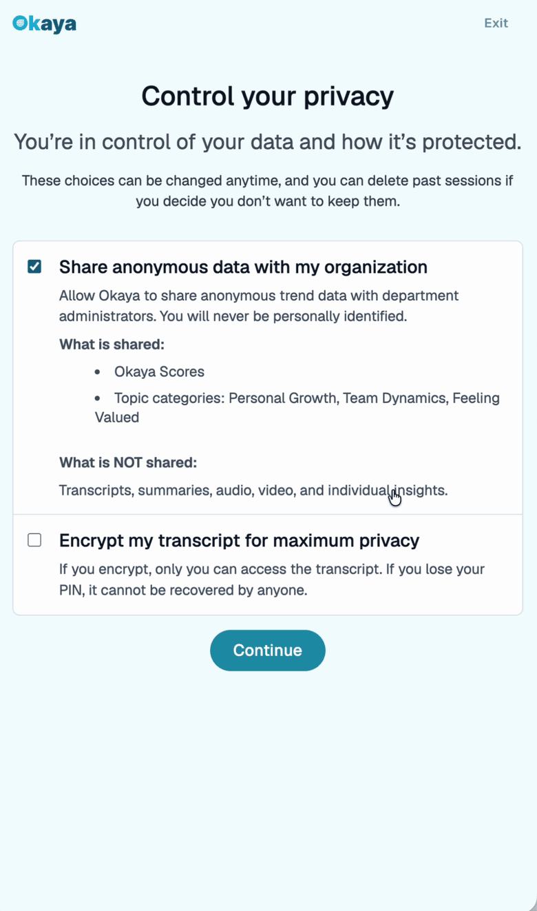 The Control your privacy screen on a phone, sample account: the person chooses what to share with the organization
