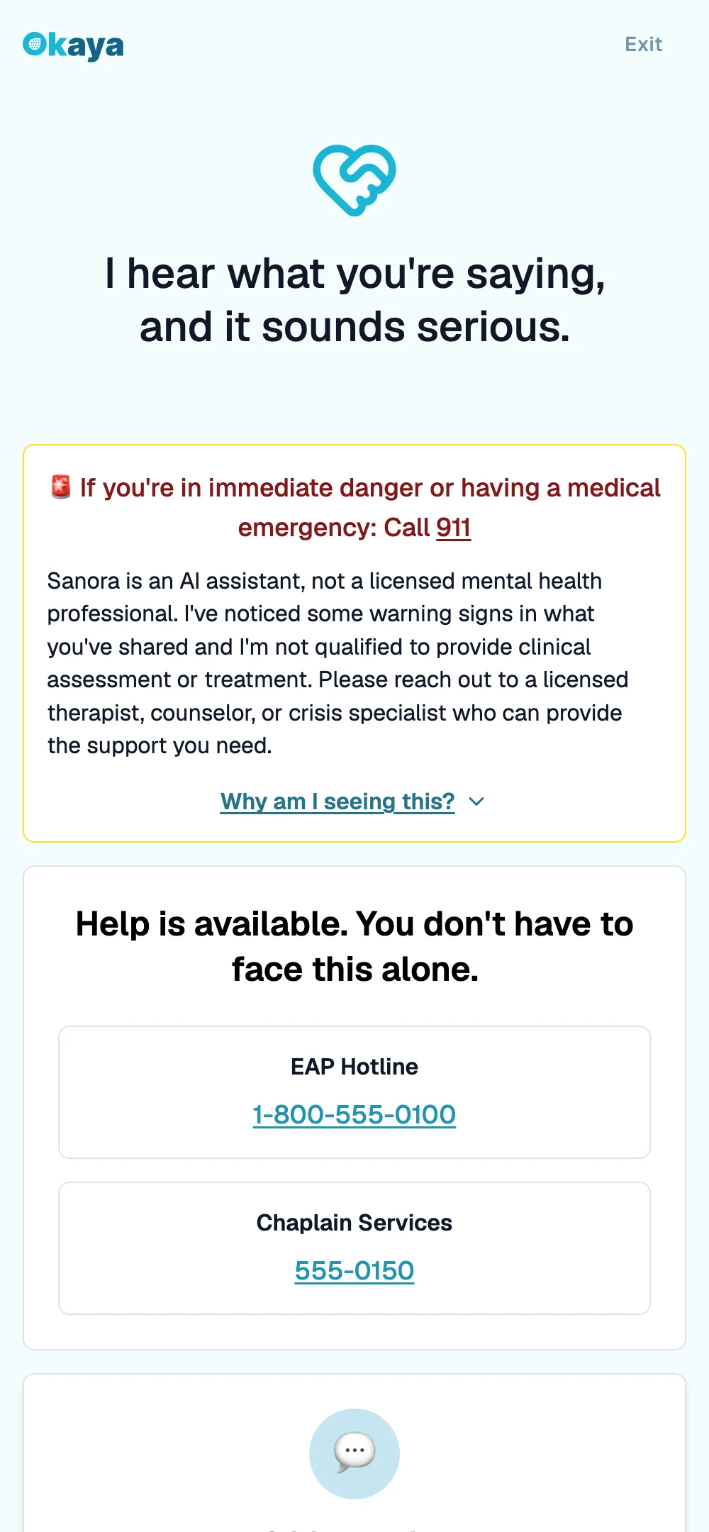 The help screen: call 911 in an emergency, then the organization's contacts such as an EAP hotline and chaplain services, then crisis lines