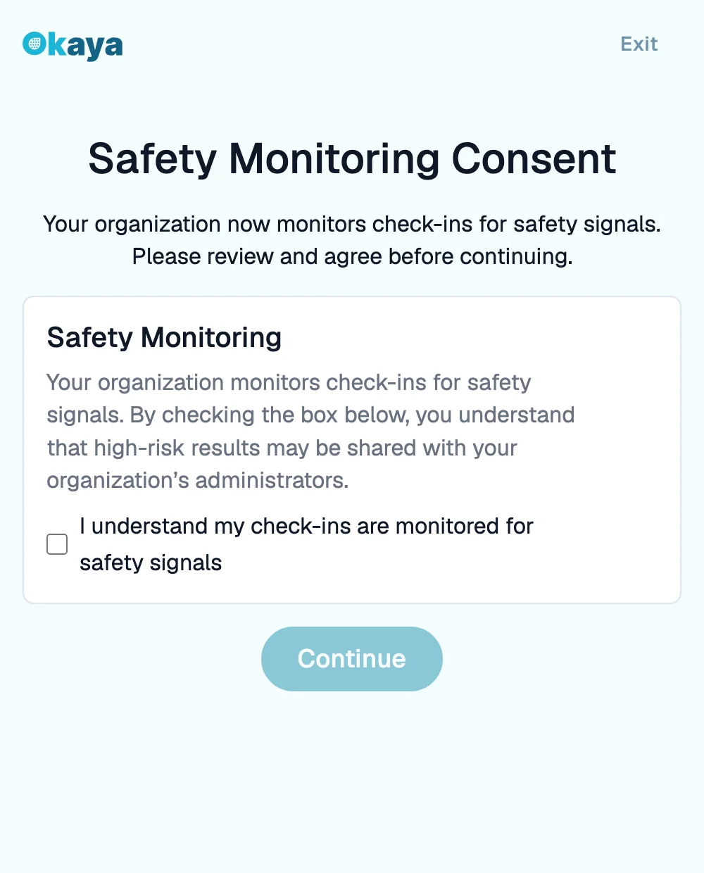 The Safety Monitoring consent screen a member sees before checking in